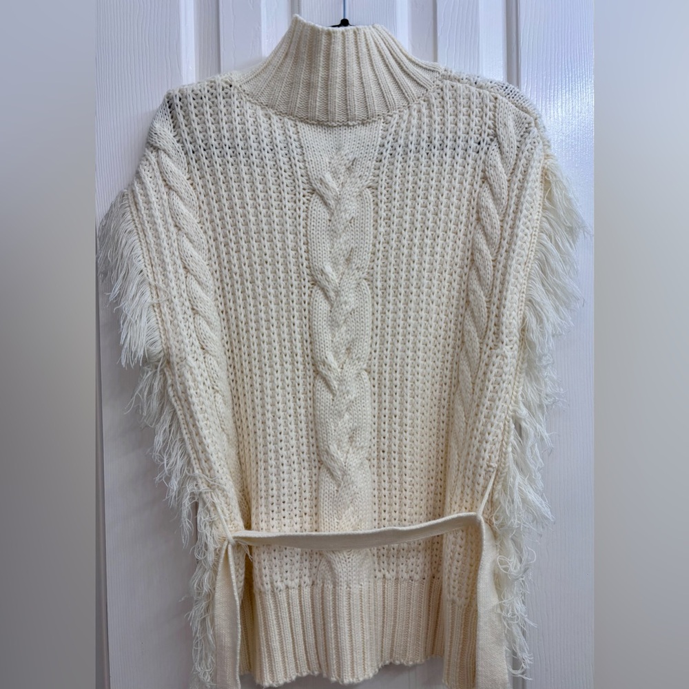 SAGE THE LABEL Fringed Cable-Knit Turtleneck Sweater in Ivory/Cream - Picture 12 of 16